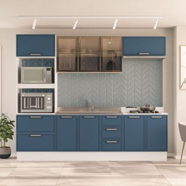 Imagem de Cozinha com Rodapé Torre Quente Armário Cristaleira Aéreo Basculante Balcão Amara Azul/Branco