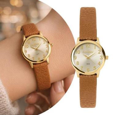 Imagem de Relógio Analógico Feminino Marrom e Dourado com Pulseira de Couro e Ca