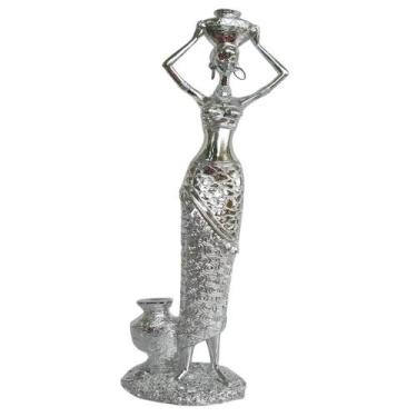 Imagem de Escultura Estátua Mulher Africana 43cm Prata Metálica - zona livre