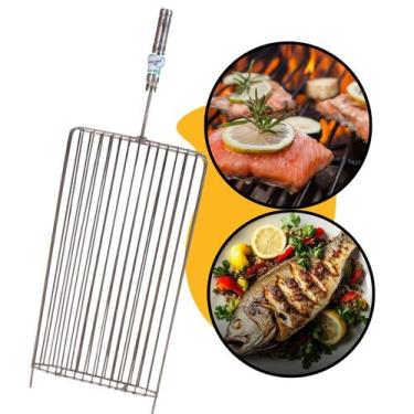 Imagem de Grelha Aço Inox 25x50cm Churrasco Peixe Frango Linguiça Cabo Madeira R