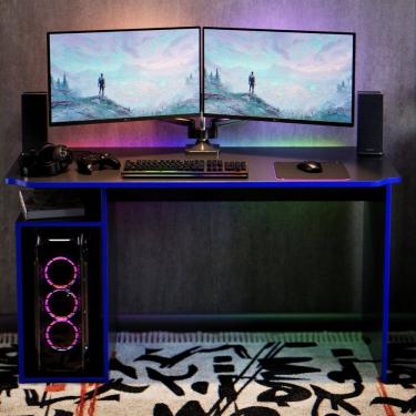 Imagem de Mesa Escrivaninha Setup 115cm com Nichos e Espaço para Cpu Gamer Athenas Preto com Azul