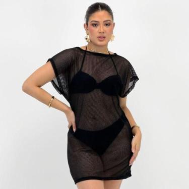 Imagem de Saída de Praia Sabrieli Vestido Manga Curta Feminina, P, Preto