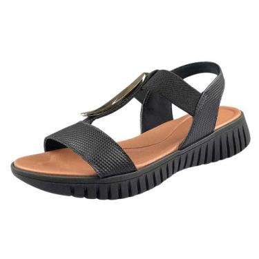 Imagem de Sandalia Feminina Anabela Baixa Couro Elegante Usaflex, Preto, 38