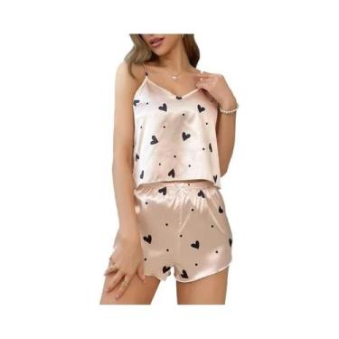 Imagem de Conjunto De Pijama Sexy Feminino Com Decote Em V Em Cetim, Estampa De 