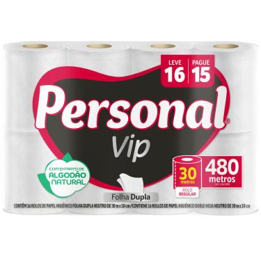 Imagem de Papel Higiênico Folha Dupla Personal VIP 30m 16 Rolos Neutro Compacto Macio