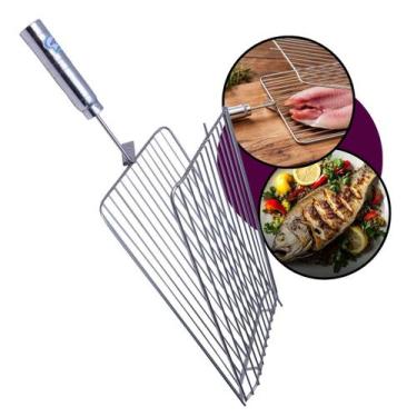 Imagem de Grelha Aço Inox 25x50cm Churrasco Peixe Frango Linguiça Cabo Madeira R