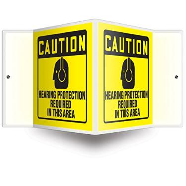 Imagem de ACCUFORM Placa 3D de projeção SIGNS PSP365, legenda "CUIDADO PROTEÇÃO AUDICIONAL NECESSÁRIA NESTA ÁREA" com gráfico, painel de 15 x 12 cm, plástico de alto impacto de 0,25 cm de espessura, orifícios