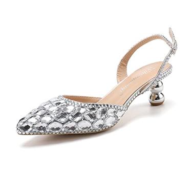 Imagem de Sandália feminina de salto alto com tira no tornozelo e salto baixo, salto alto pontiagudo, salto alto, Prata, 9.5