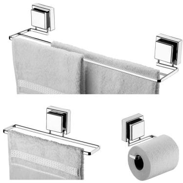 Imagem de Kit Banheiro 3 Peças Porta Toalha Toalheiro Duplo Suporte Papel Higiênico Ventosa Cromado - Future