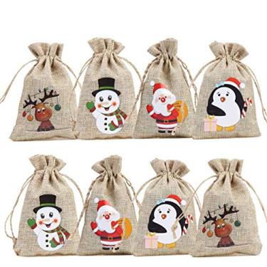 Imagem de CCINEE 36 peças Sacos de linho de Natal com cordões de juta natalina sacos de presente com cordões de juta duplos, 4 designs boneco de neve, Papai Noel, pinguim e alce