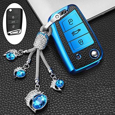 Imagem de YJADHU Capa de chave de carro de grão masculino e feminino de couro TPU, apto para Volkswagen VW Golf 7 mk7 Seat Ibiza Leon FR 2 Altea Aztec Skoda Octavia A7, B, chaveiro azul