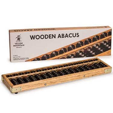 Imagem de Yellow Mountain Imports Ábaco de madeira estilo vintage – 35 cm – Calculadora Soroban profissional de 17 colunas com botão de reinicialização