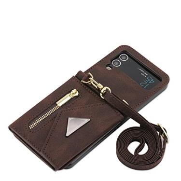 Imagem de Capa tipo carteira transversal para celular com compartimento para cartão para Samsung Flip4 5G Bolsa com cordão de couro capa traseira, marrom, para Galaxy Z Flip4 5G