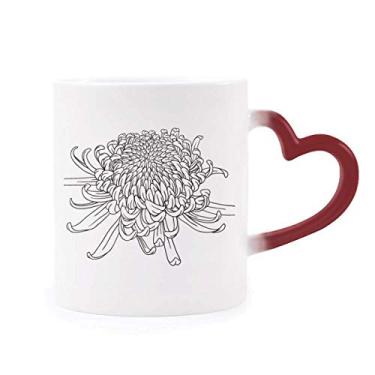 Imagem de Caneca sensível ao calor com contorno de crisântemo, flor de planta, copo de grés que muda de cor vermelha