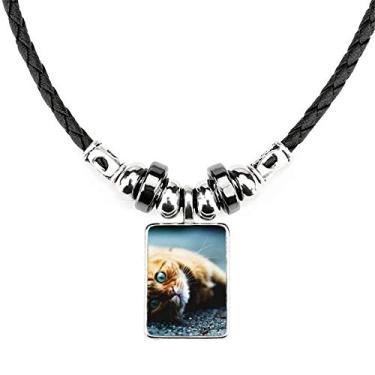 Imagem de DIYthinker Colar com foto de gato olho azul puro animal joia Torque pingente de corda de couro