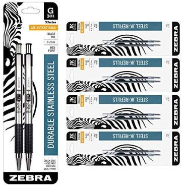 Imagem de Zebra Pen G-301 Stainless Steel Retractable Gel Pen, Medium Point, 0.7mm, Black Ink, 2-Count Bundle with 8 Pen Refills, 0.7mm