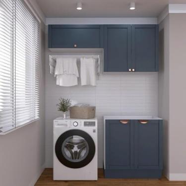 Imagem de Lavanderia Modulada 3 Peças sem Tampo 2 Armários Aéreos 1 Balcão 2 Portas Cabecasa Madeiramadeira Azul/branco