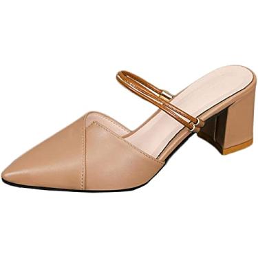 Imagem de Sandálias femininas de couro PU salto grosso bico fino vintage elegante Mary Janes sapatos sem cadarço, Damasco, 40