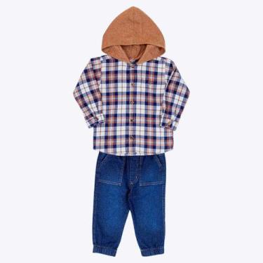 Imagem de Camisa Flanelada Com Capuz E Calça Jeans Moletom Infantil Masculino Vi