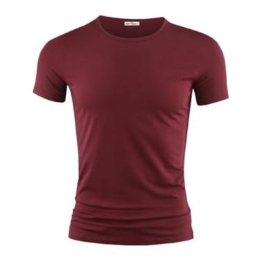 Imagem de Camiseta masculina cor pura gola V e O manga curta camisetas masculinas fitness para roupas masculinas 1, Gola redonda na cor vermelha, M