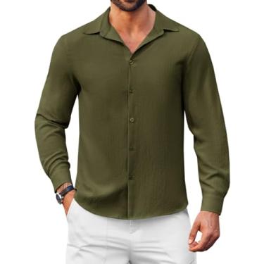 Imagem de Runcati Camisa masculina de botão casual manga longa ajuste regular verão praia texturizada, Verde militar, XXG