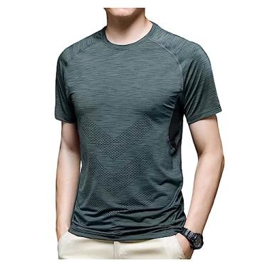 Imagem de Camiseta masculina atlética de manga curta, caimento solto, gola redonda, lisa, alta elasticidade, macia, Cor 5, M