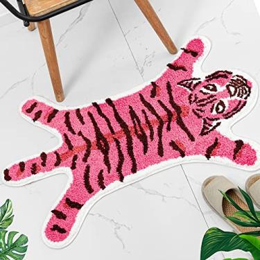 Imagem de Tapete de banho de tigre engraçado para banheiro, lindo tapete de banheiro de desenho animado de tigre rosa antiderrapante em forma de animal absorvente pequena decoração de banheira estética tapete