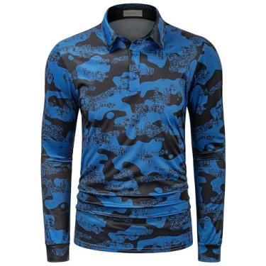 Imagem de Wancafoke Camisa polo masculina camuflada manga longa absorção de umidade secagem rápida camisa polo de golfe leve, Camuflagem safira, M