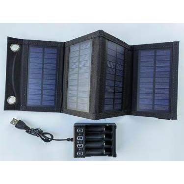 Imagem de Carregador Solar HUYINGC de 6 Watts com Painel Solar Portátil para Baterias Recarregáveis AA e AAA, Com Carregador USB de 4 Baias e Montagem em Parede