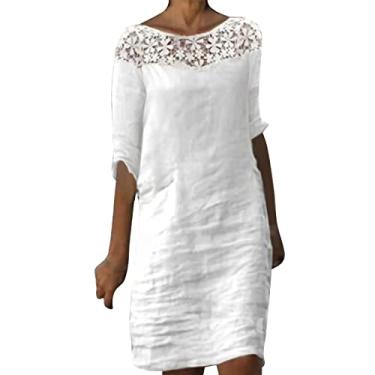 Imagem de Lainuyoah Vestidos de praia com mangas para mulheres 2024 vestidos de camiseta comprimento até o joelho linho renda patchwork meia manga vestido moderno, E branco, M
