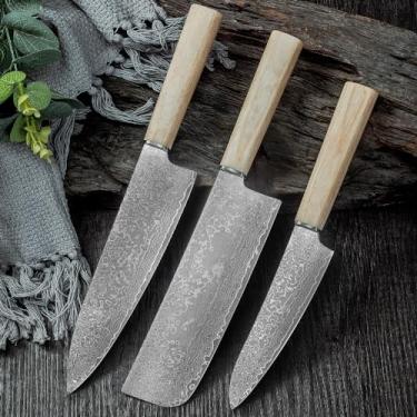 Imagem de LIUZHANGYU Conjunto de facas de cozinha 3 peças, faca de cozinha japonesa afiada profissional VG10 faca de chef de aço damasco cutelo utilitário para cozinhar e assar frutas com cabo ergonômico de