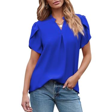 Imagem de EVALESS Blusas femininas elegantes casuais de chiffon para trabalho, verão, gola V, lindas camisetas de manga curta com pétalas soltas, Azul escuro, M