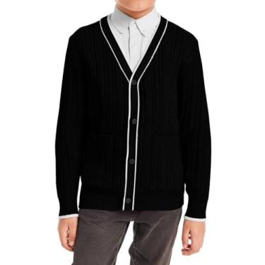 Imagem de Haloumoning Uniformes escolares para meninos, cardigã infantil, malha de cabo, gola V, roupas de 5 a 14 anos, Preto, 10-12 Anos