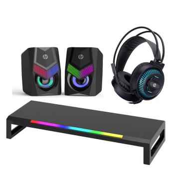 Imagem de Suporte Monitor Iluminado , Caixa De Som Dhe-6000 Rgb, 6w , Headset Gamer  Usb / P2 Blue Light