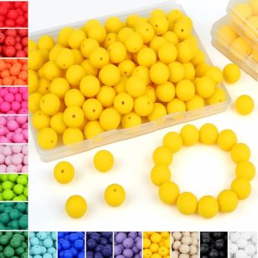 Imagem de NUKAYAI 70 peças de contas de silicone, contas amarelas de silicone de 15 mm a granel para fabricação de chaveiros, contas de silicone redondas de borracha para pulseiras e colar faça artesanato