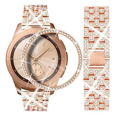 Imagem de SPINYE Pulseiras compatíveis com Samsung Galaxy Watch 4 Classic 42 mm / Galaxy Watch 42 mm / Gear Sport, pulseira de metal Bling Diamonds com bisel anel de substituição para mulheres e homens (ouro