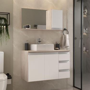 Imagem de Conjunto gabinete banheiro completo prisma 80cm madeirado/branco - MOV