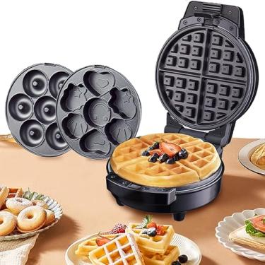 Imagem de Máquina de donuts de 600 W, máquina elétrica para fazer lanches e bolos, torradeira de sobremesa removível para sanduíches de waffle, croissants, com 3 pratos antiaderentes removíveis e