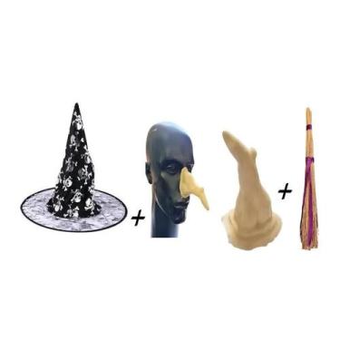 Imagem de Kit Fantasia de Bruxa com Nariz realista + Chapéu +Vassoura - Lynx