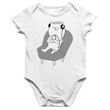 Imagem de Body Bebê Algodão Gatinho Ouvindo Música - Foca na Moda, Branco, M