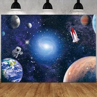 Imagem de Decoração de festa temática do espaço sideral de 3,5 x 2,5 m, cenário fotográfico, astronauta, decorações de aniversário, planeta, galáxia, foguetes, decorações para crianças, meninos, feliz