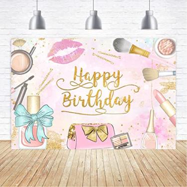 Imagem de Aperturee Pano de fundo de feliz aniversário para spa de maquiagem, 1,8 x 1,2 m, meninas, mulheres, princesa, rosa, glamour, cosméticos, beleza, maquiagem, fotografia, fundo, decoração de festa de 16º banner adereços para estúdio