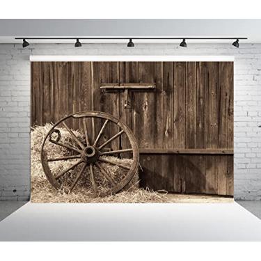 Imagem de BELECO 3 x 2,4 m Tecido Cowboys Foto Pano de Fundo Porta Celeiro Antigo com Roda Antiga Fardos de Feno Haystack Tema Country Pano de Fundo Fotografia Decorações de Festa Ocidental Crianças Adultos Adereços de Foto
