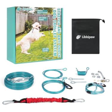 Imagem de Corredor de cachorro para quintal, sistema de carrinho para cães grandes de até 136 kg, cabo de corrida resistente de 15 m com guia aérea antichoque de 4,5 m, tirolesa externa para quintal, parque