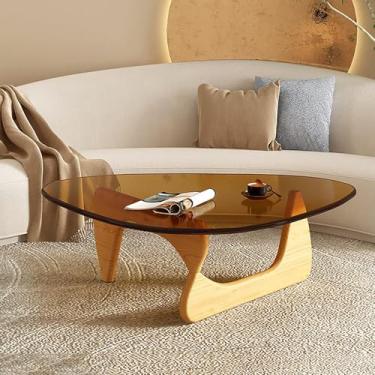 Imagem de Mesa de centro triangular com tampo de vidro - Mesa de canto abstrata moderna de meados do século com base de madeira - Mesa central pequena para sala de estar, escritório em casa, marrom, natural, 91