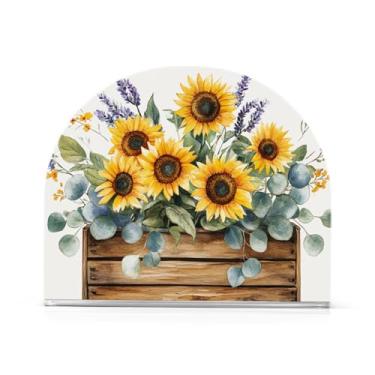 Imagem de Fustylead Farmhouse Girassóis Lavanda Suporte de guardanapo floral para mesa Porta-guardanapos de coquetel de acrílico pequeno dispensador de guardanapo decorativo para festa em casa, férias, jantar,