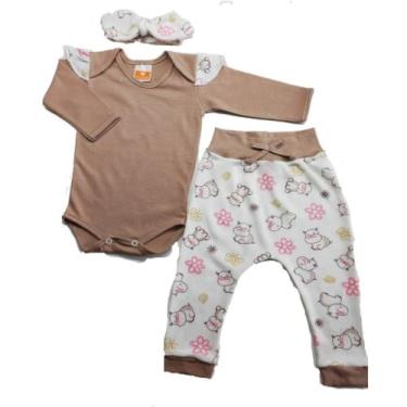 Imagem de Conjunto/kit Bebê Menina Body Tiara Calça - Mania de Mãe, Marrom, P