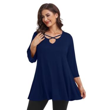 Imagem de LARACE Blusa feminina plus size com gola V, manga 3/4, cruzada, casual, de outono, leggings, Azul-marinho, G