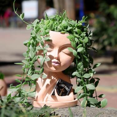 Imagem de Meltset M Vaso de plantas de rosto para plantas internas e externas, exclusivo para guardar livro, confissional, rosto de menina, vaso de flores com drenagem, para cacto suculento, colar de pérolas,