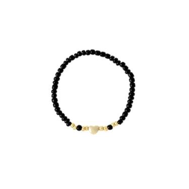 Imagem de Pulseira elástica boêmia com contas de coração amor para mulheres, boho, simples, empilhável, rosa, verde, preto, contas de arroz, corrente de bola, dia dos namorados, verão, praia, amizade, joias